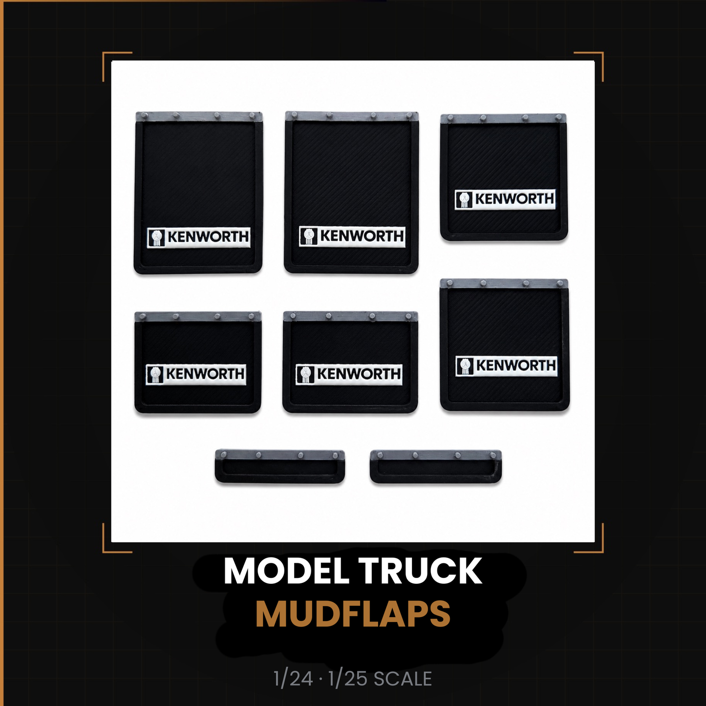 Model Truck Mud Flaps Kenworth White on Black 1/24 1/25 Scale — 8 Piece Set