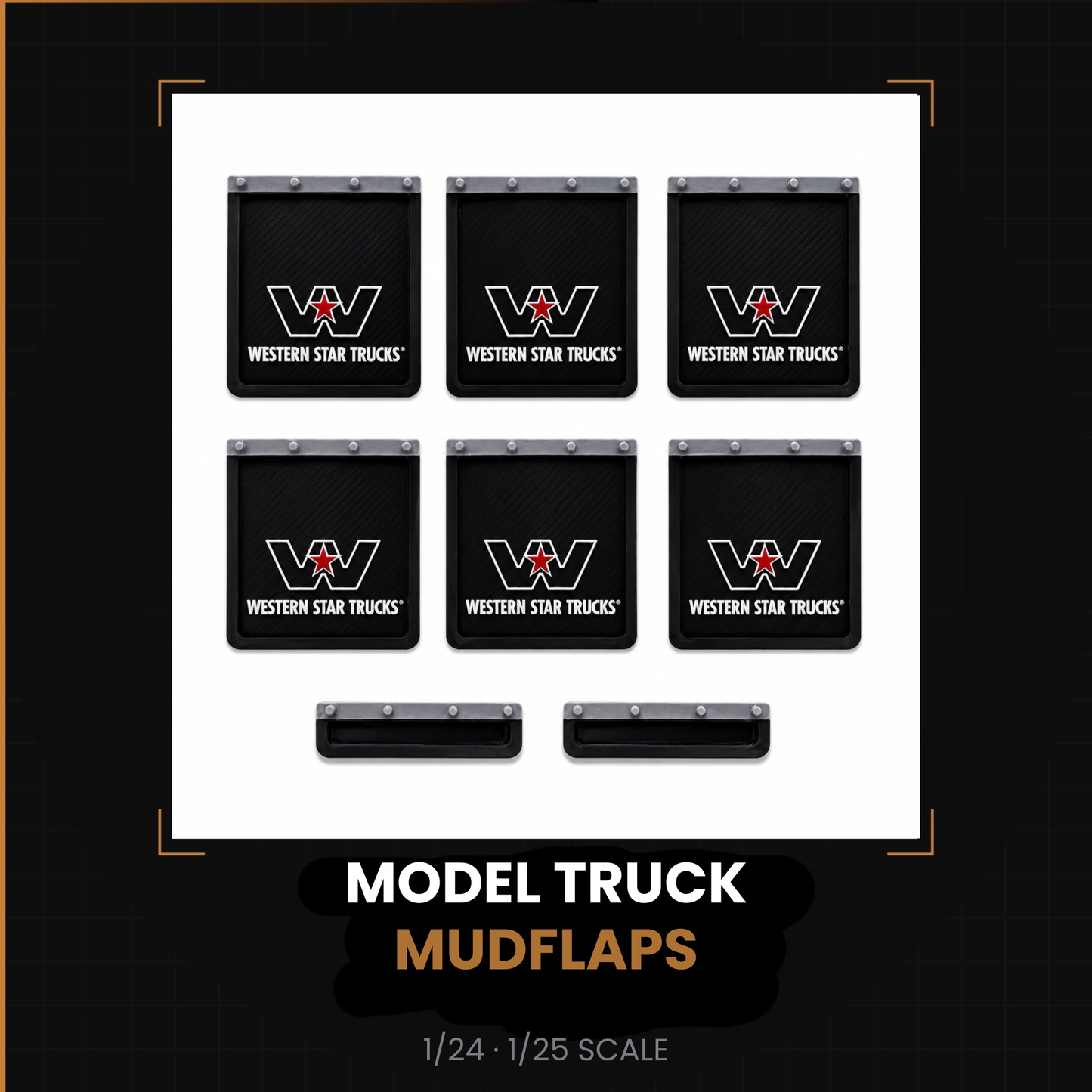 Model Truck Mud Flaps Western Star White on Black 1/24 1/25 Scale — 8 Piece Set