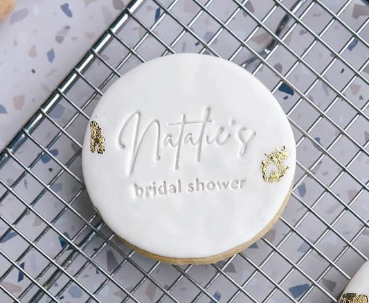 Personalised Round Bridal Shower Cookie Cutter & Stamp Set | Custom Name Script