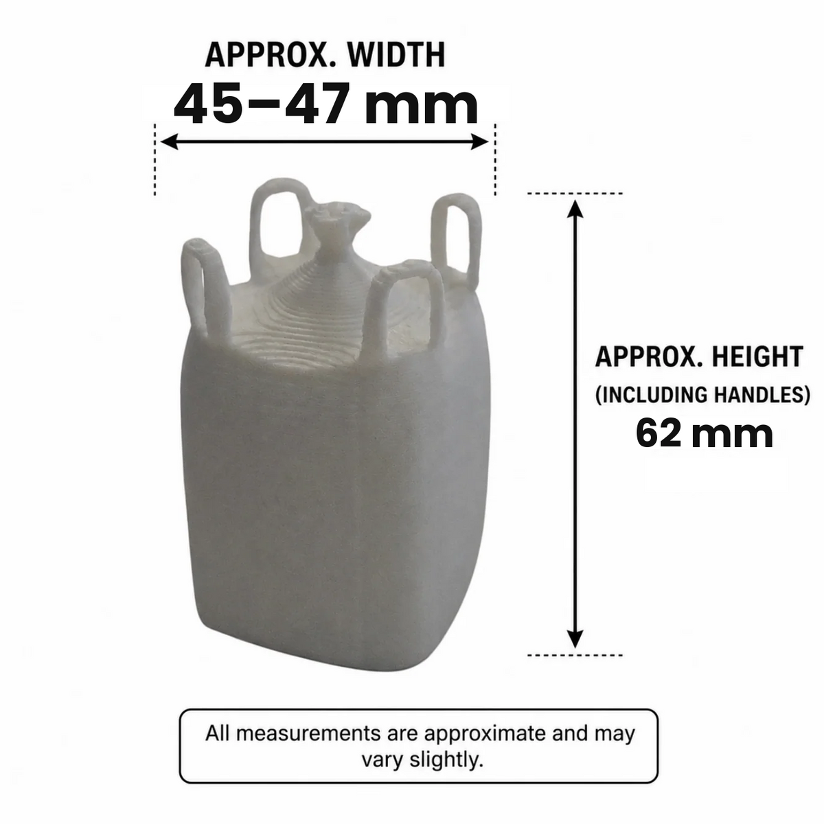 A product information graphic for a scale model oversized bulka bag, showing a gray bag with dimension callouts: approximately 47-50 mm width and 65 mm height including handles. Text below reads 'SCALE MODELS Oversized Bulka Bags 1/24-1/25'.